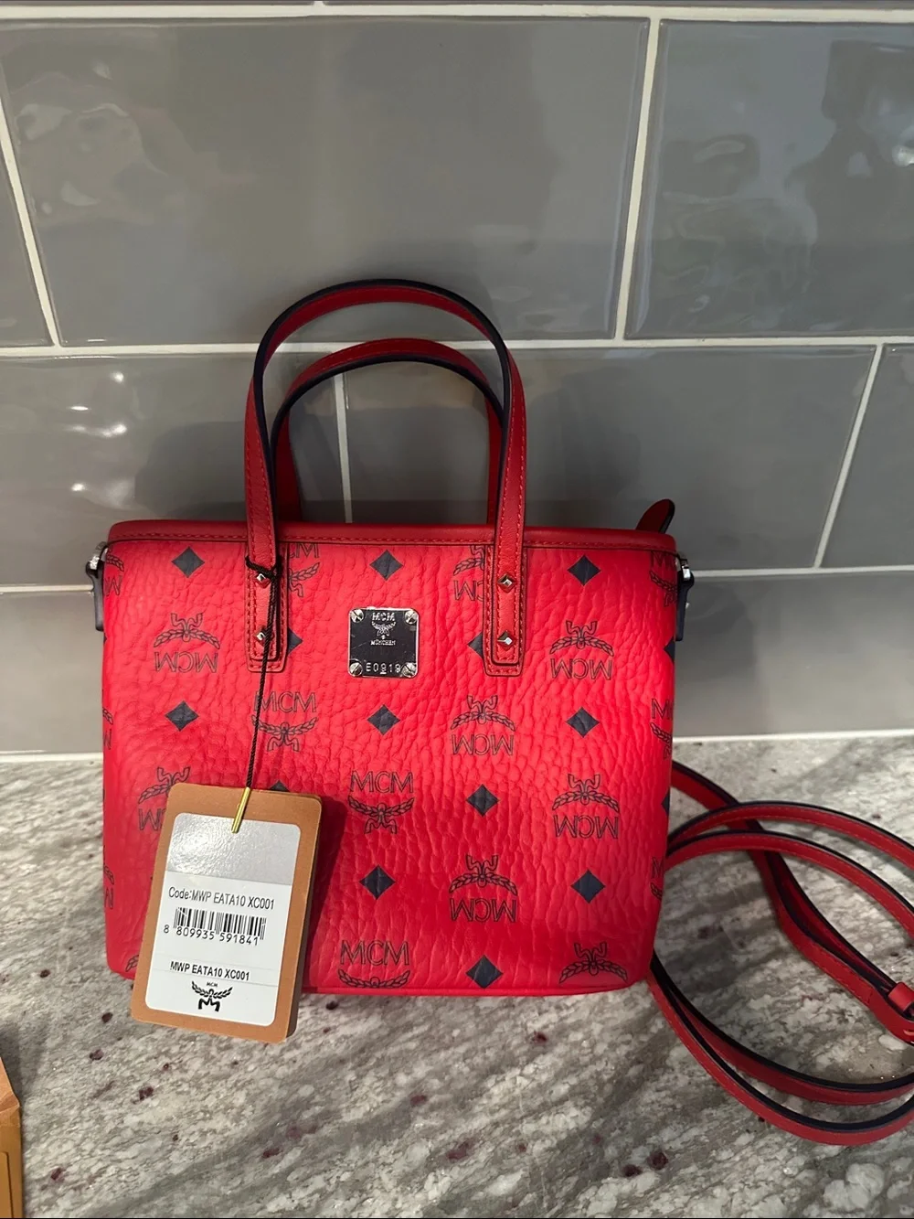 MCM Red Visetos Mini Crossbody Tote
